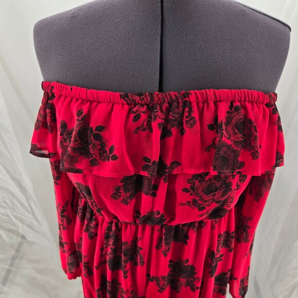 76-17 Torrid Red Roses Chiffon Off Shoulder long sleeve Skater Dress Size 14/16 - Picture 8 of 12